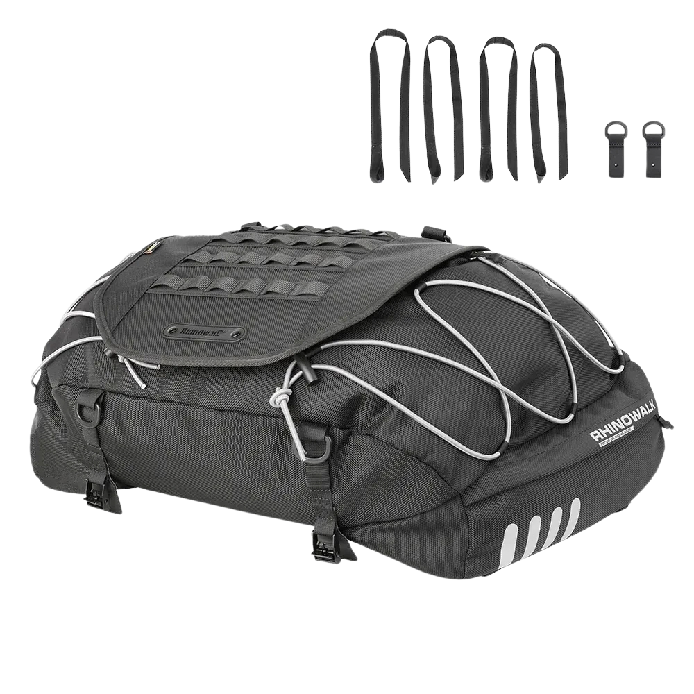 Rhinowalk MT3550 35-50L Expandable Motorcycle Tail Bag Front Three-Quarter View with Elastic Cords and Mounting Straps in Black | 6KIOM