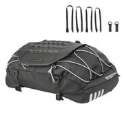 Rhinowalk MT3550 35-50L Expandable Motorcycle Tail Bag Front Three-Quarter View with Elastic Cords and Mounting Straps in Black | 6KIOM