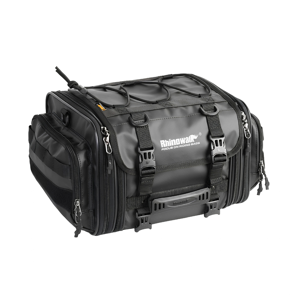 Rhinowalk MT4026 19-26L Expandable Tail Bag front three-quarter view with buckle closures and zippered compartments in black | 6KIOM