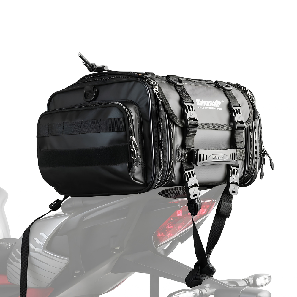 Rhinowalk MT4026 19-26L Expandable Tail Bag side view showcasing the expandable storage design and zippered compartments in black | 6KIOM