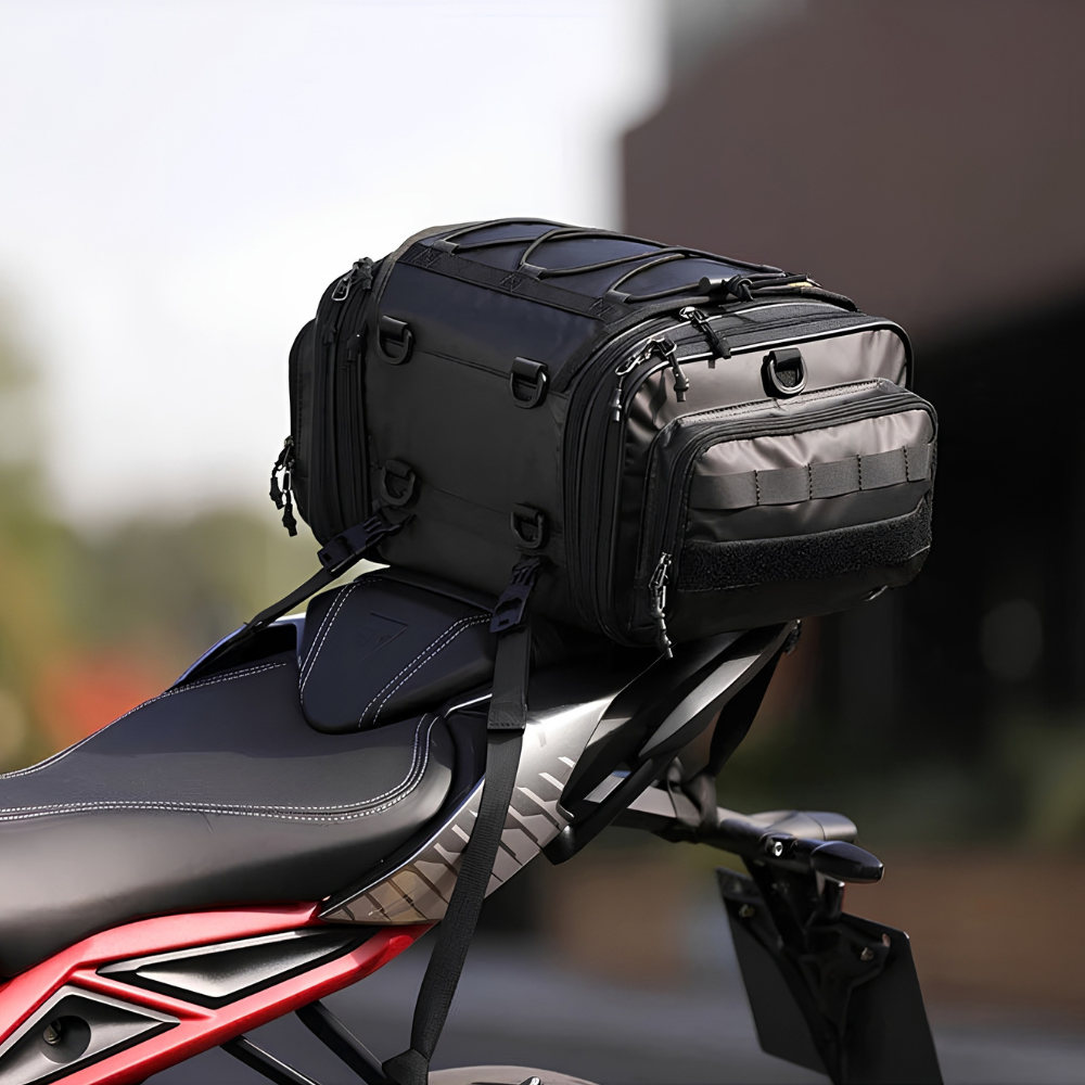 Rhinowalk MT4026 19-26L Expandable Motorcycle Tail Bag mounted on a bike in black | 6KIOM