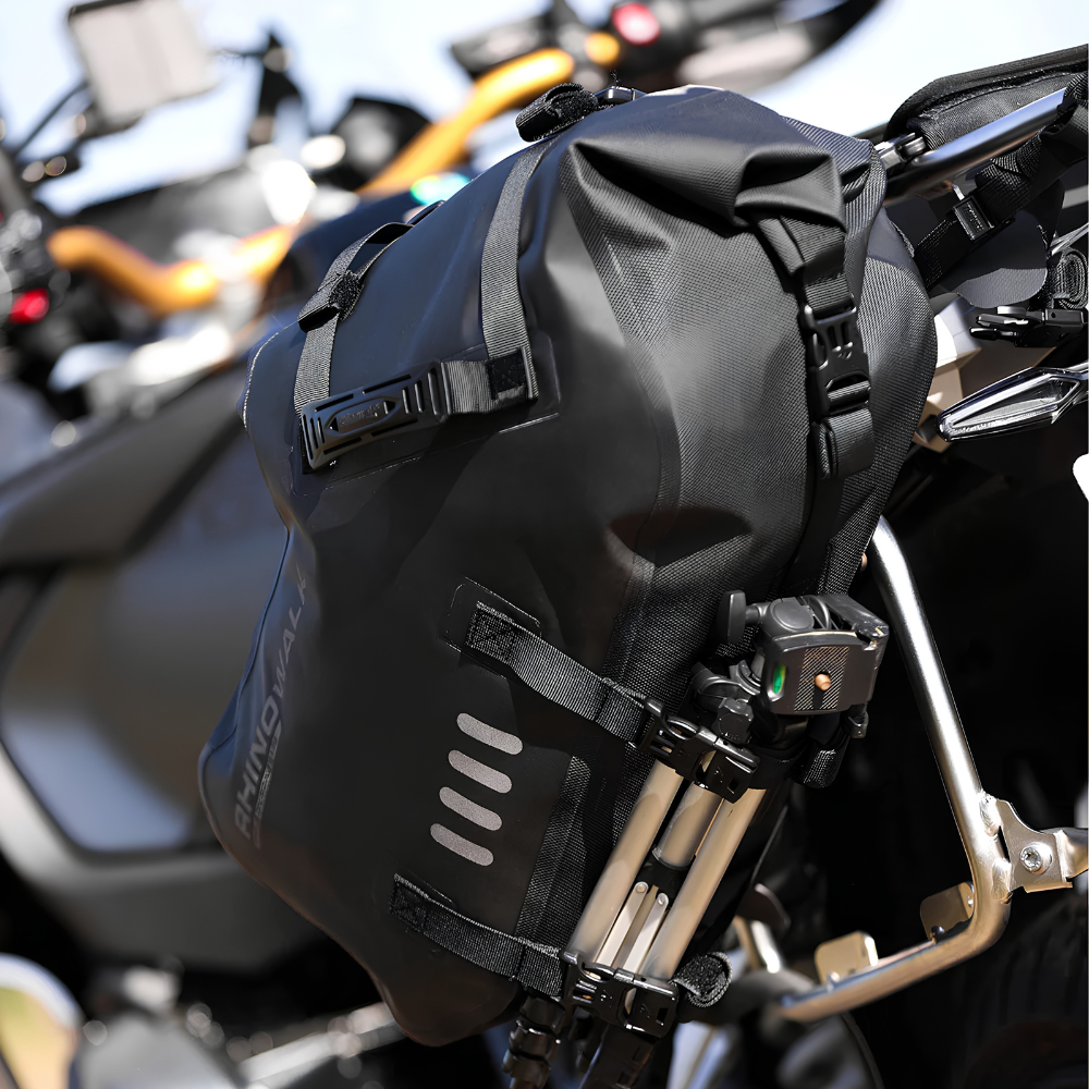 Rhinowalk motorcycle pannier bags with secure rackless webbing strap mounting system