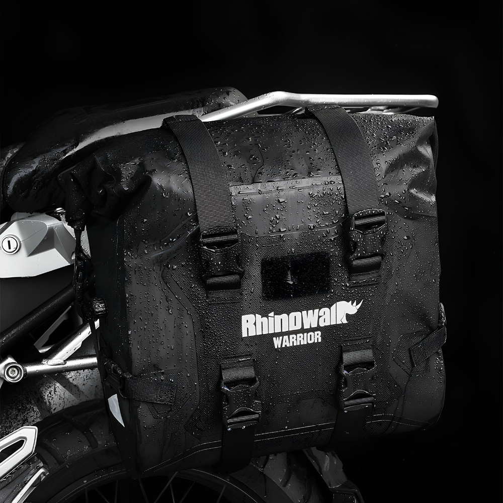 Rhinowalk Warrior Series motorcycle side bag showing flexible strap mounting for compatible luggage racks