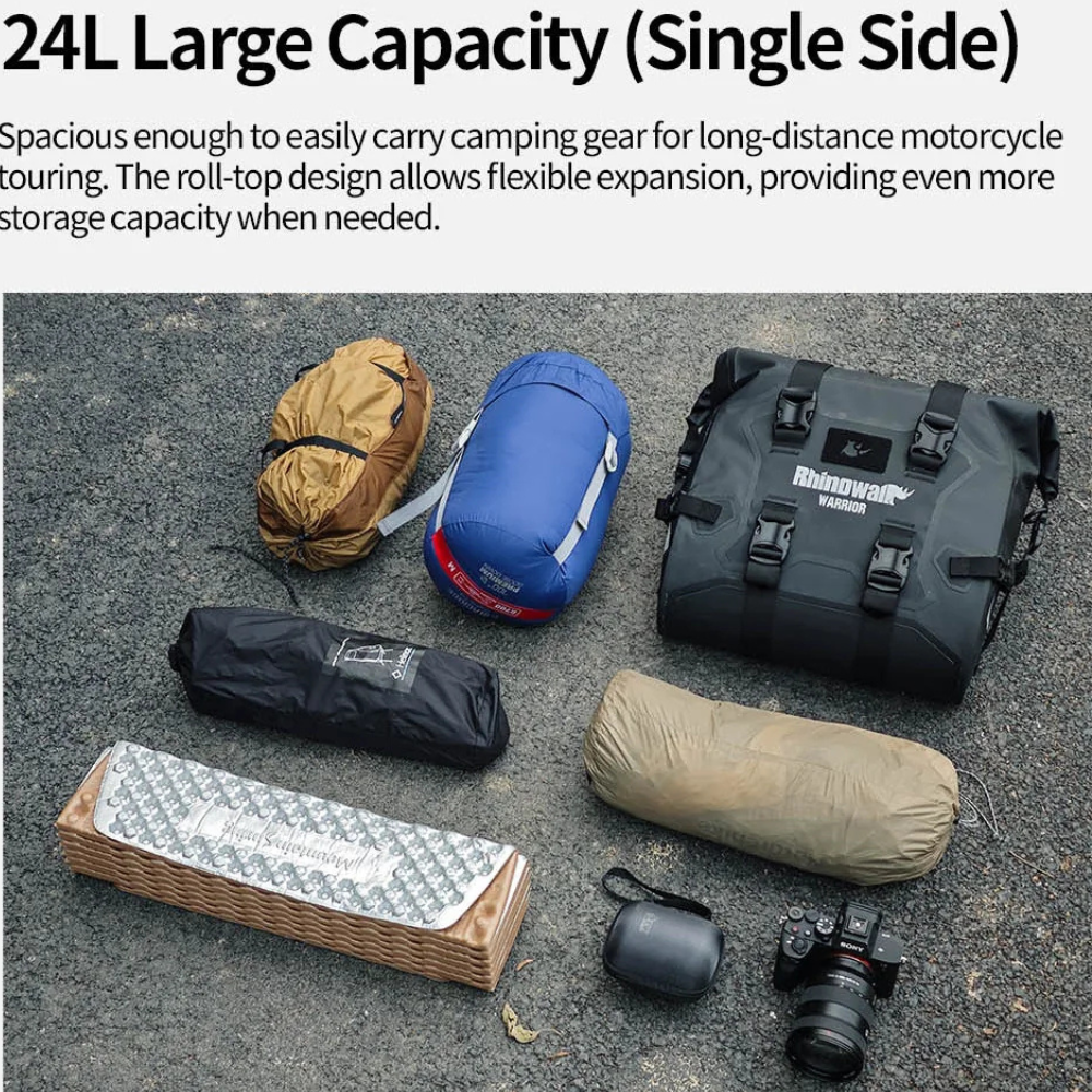 Rhinowalk MYS2406 motorcycle side bag with reflective accents and practical roll-top storage design