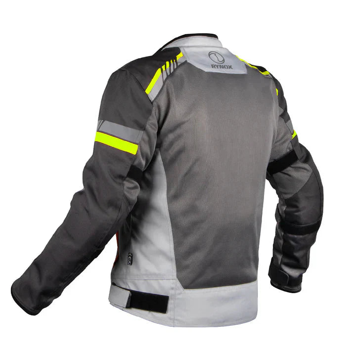 Gray motorcycle jacket with reflective elements on a white background - Grey Hi-Viz Green