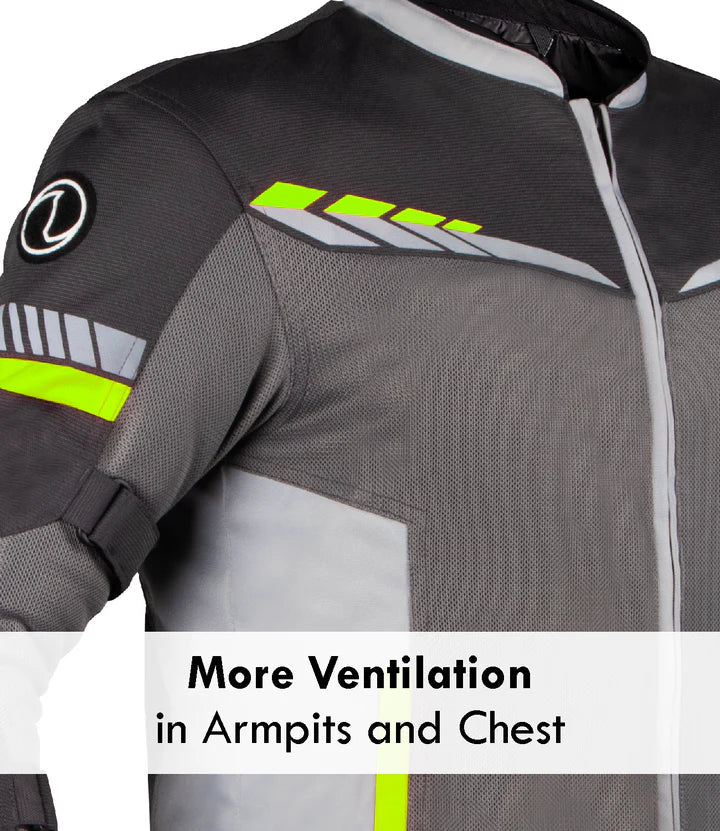 Gray and black cycling jersey with ventilation text - Grey Hi-Viz Green