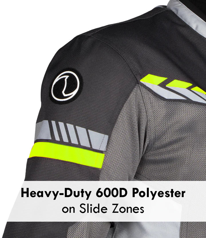 Gray protective jacket with reflective stripes and a brand logo on a white background - Grey Hi-Viz Green