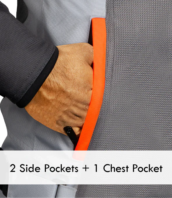 Gray backpack with orange zipper and hand holding it, showing pocket details - Grey Hi-Viz Orange