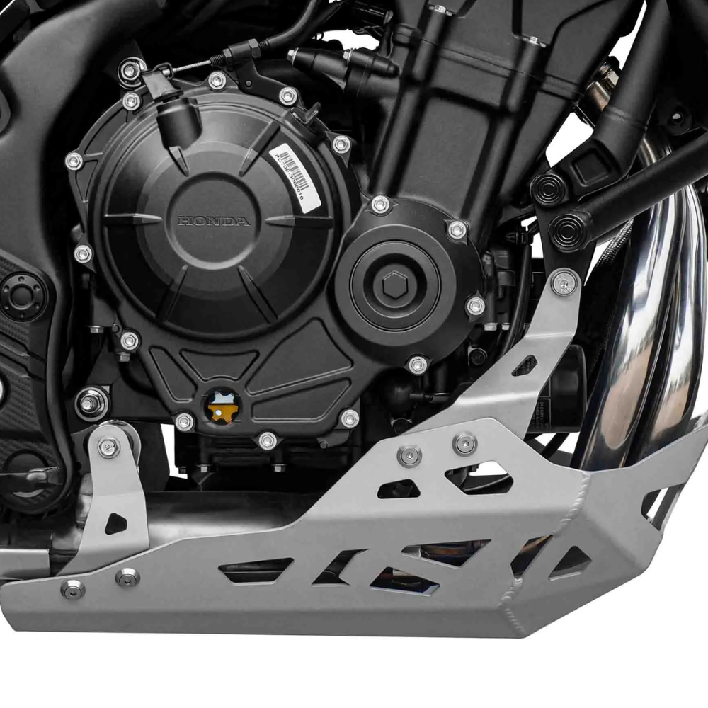 Honda NX500 engine guard with SRC MOTO aluminium skid plate
