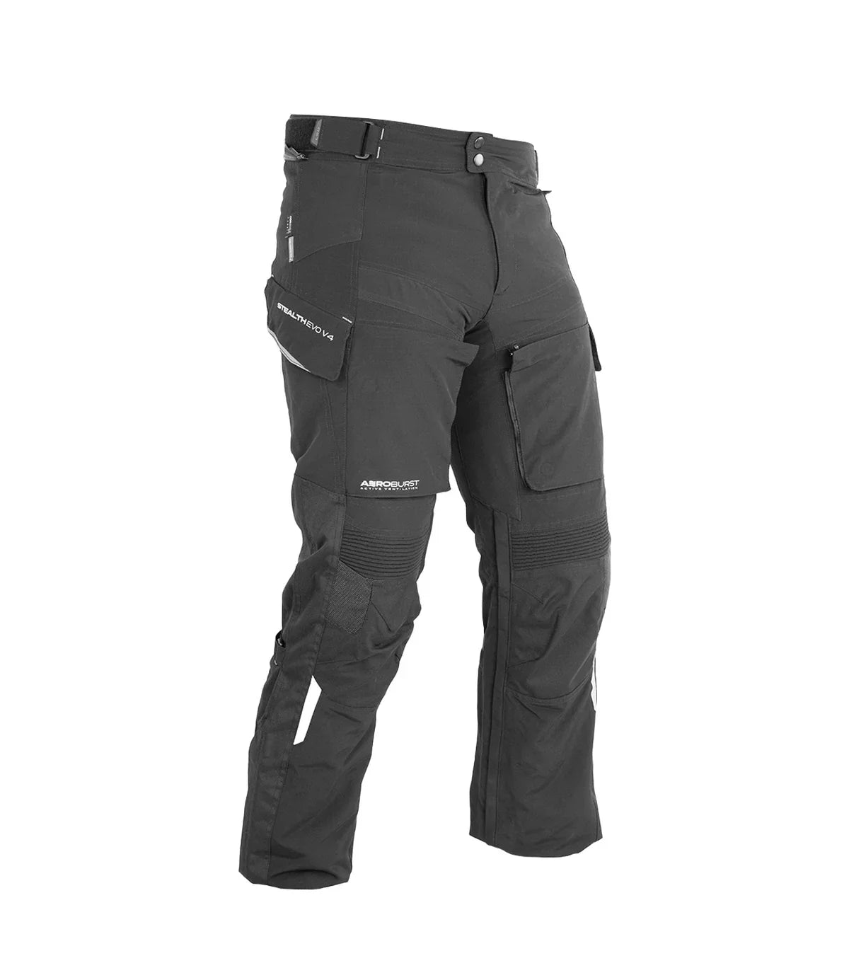 Black tactical pants with multiple pockets on a white background