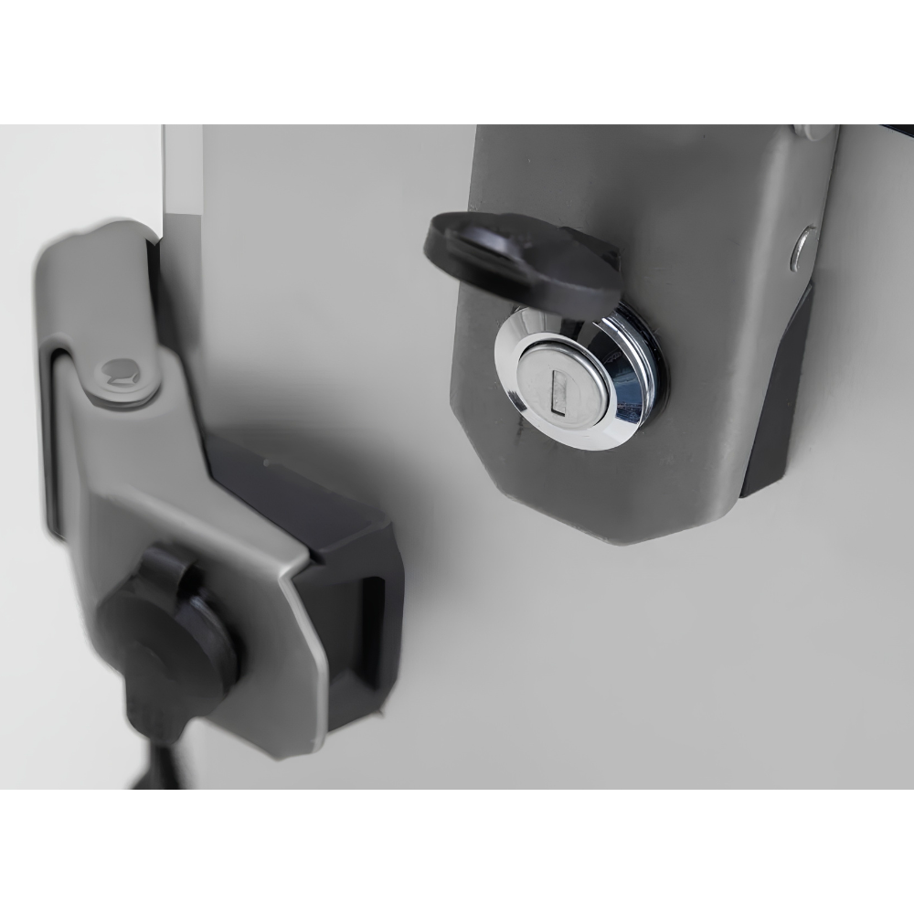 Silver SW-MOTECH TRAX lock fitted to an aluminium motorcycle case