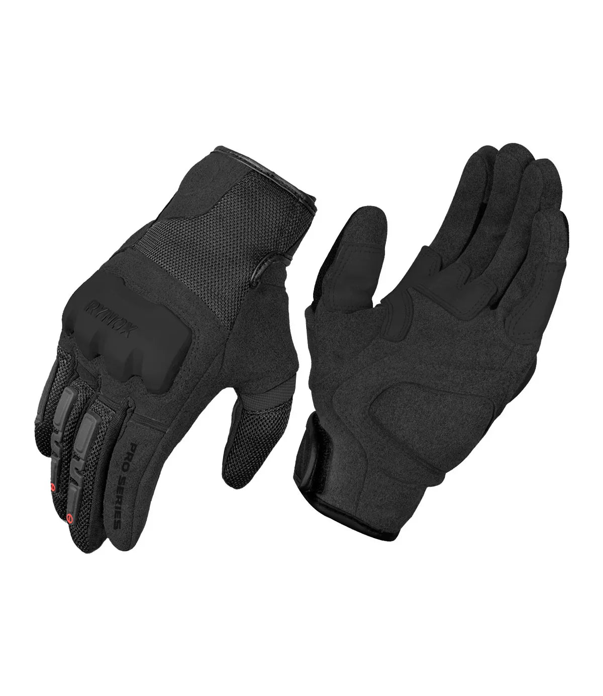Pair of black tactical gloves on a white background