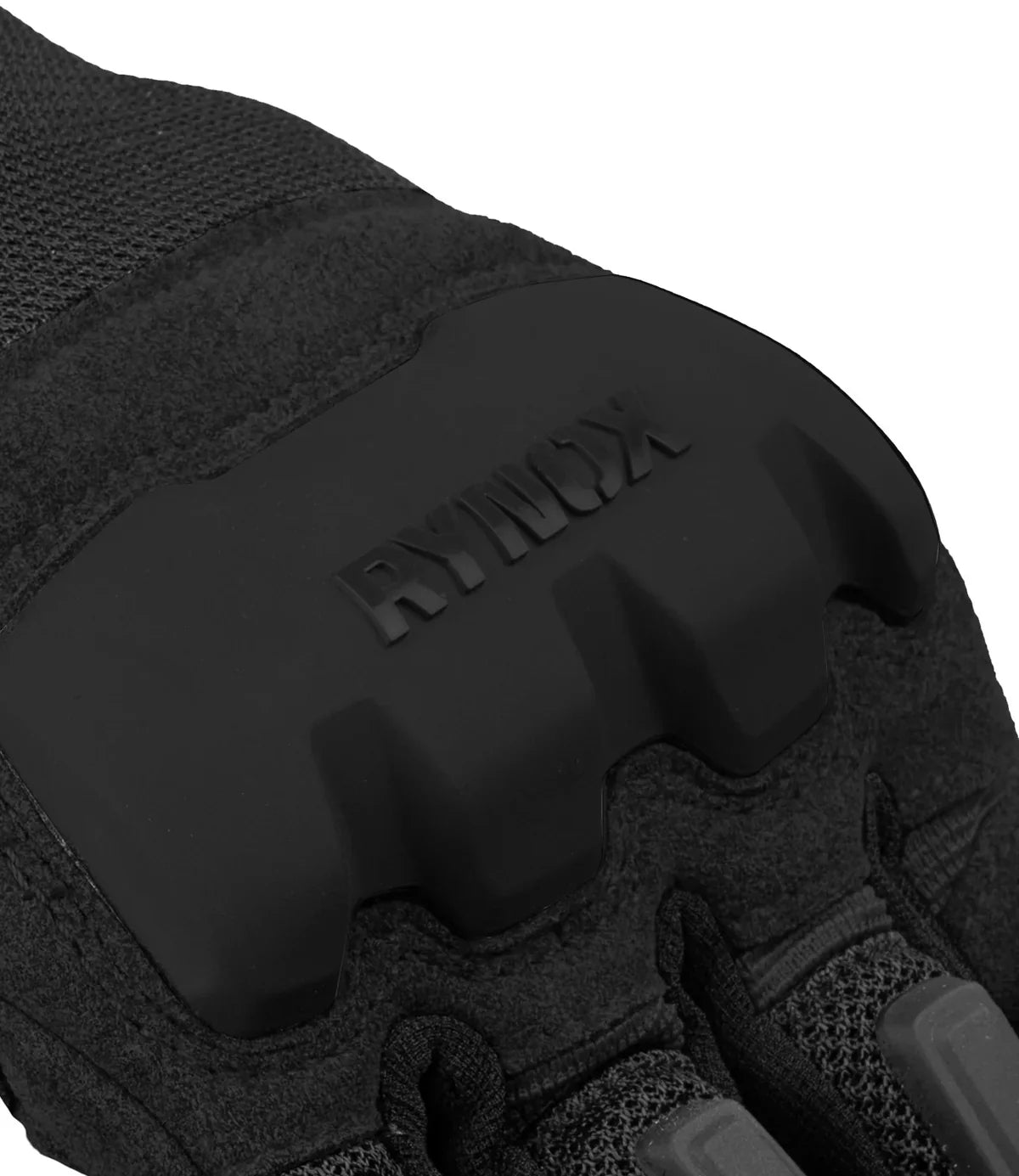 Black tactical glove with 'Rynox' branding on a white background