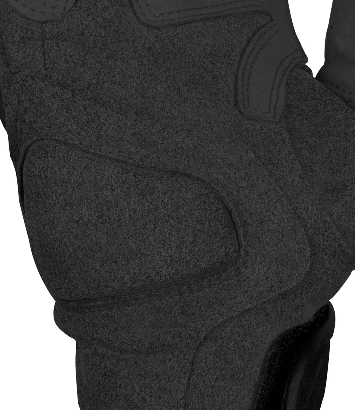 Close-up of a black protective glove with padding on a white background