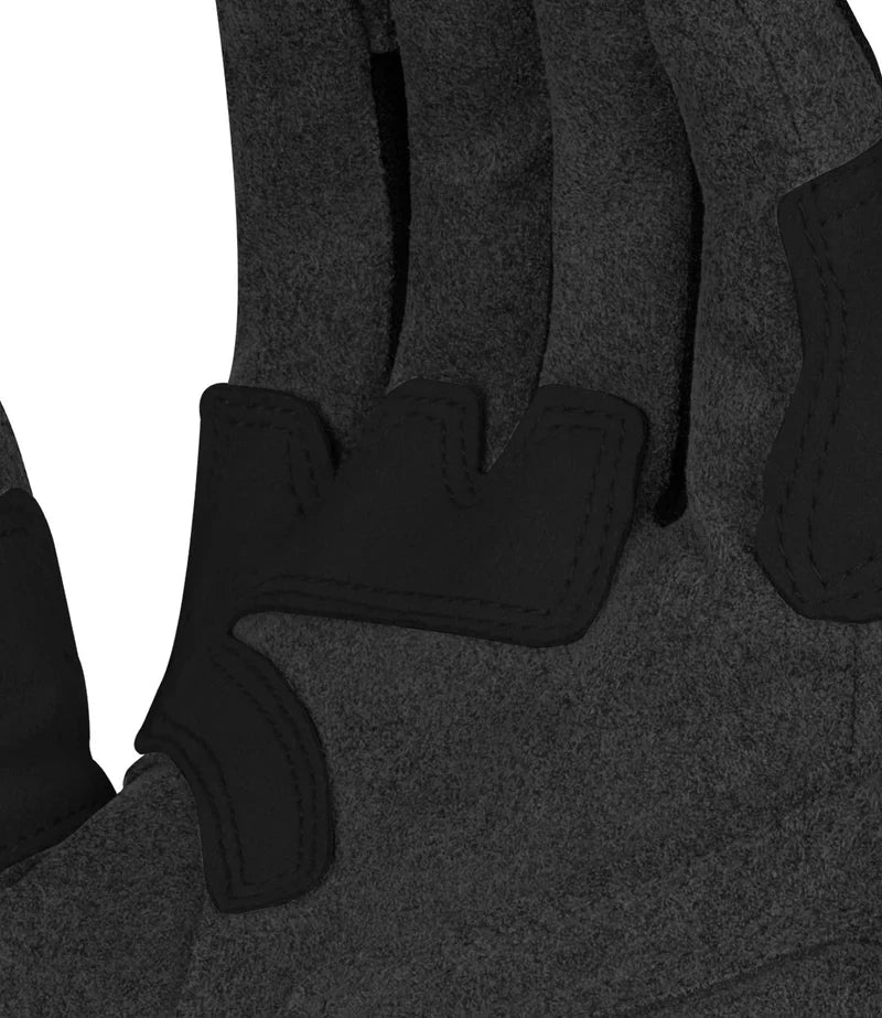 Close-up of black gloves with gray car interior background