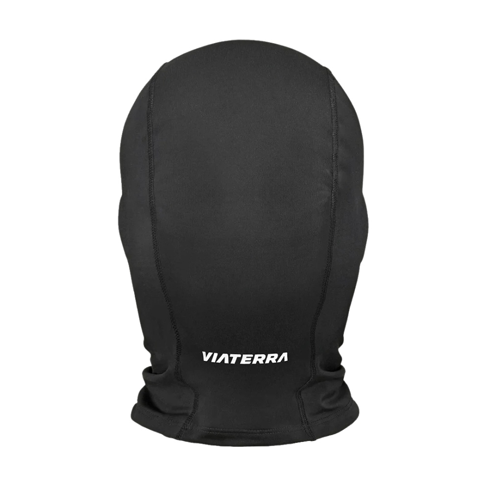 Viaterra B100 Black Helmet Balaclava Back View with Viaterra Logo and Flat-Lock Seams | 6KIOM