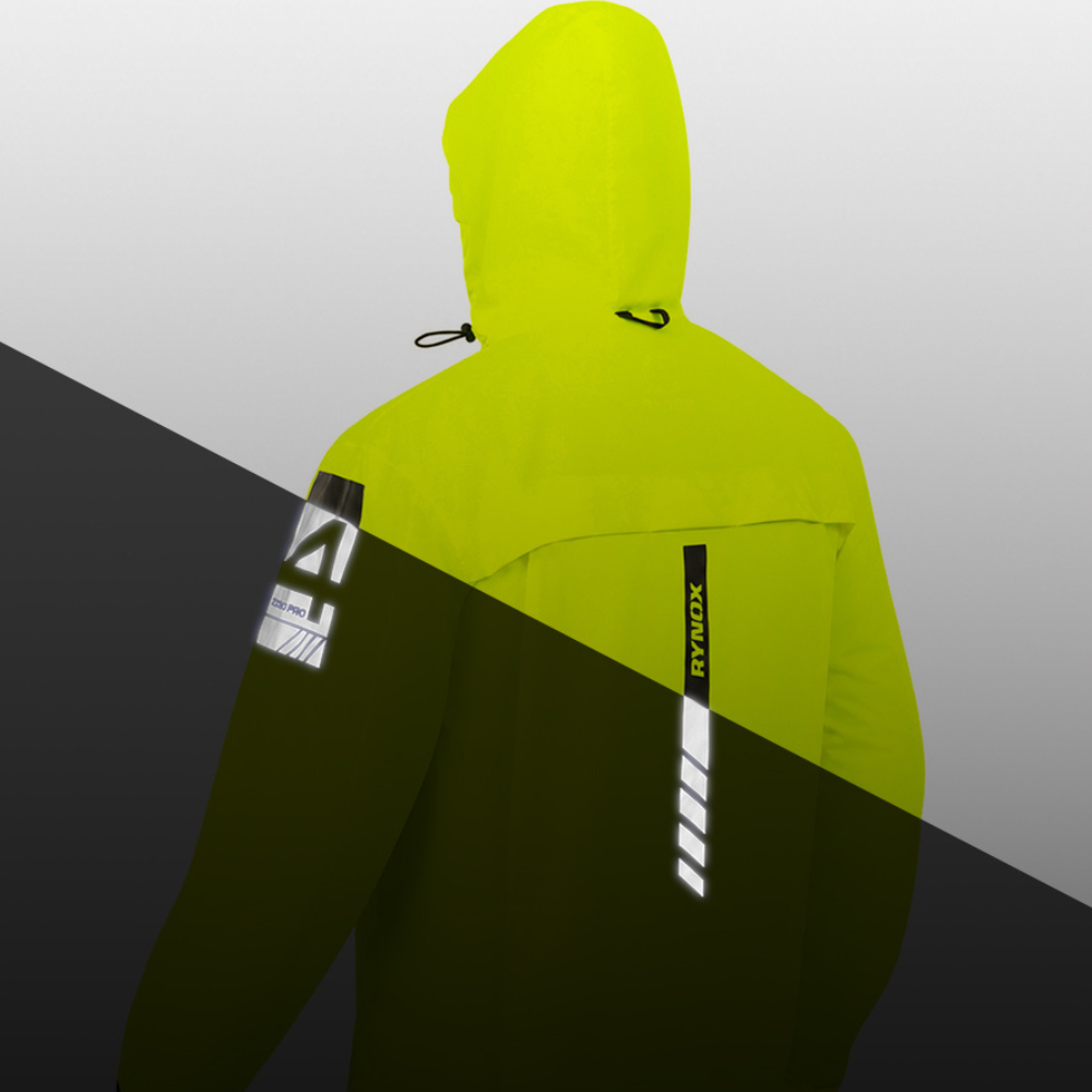 A hooded reflective jacket shown from the back, with a bright neon yellow upper section and a dark olive lower section. Reflective white striping and logos are visible on the back and sleeve.