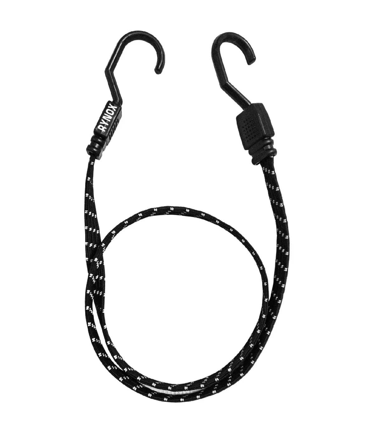 Black bungee cord with metal hooks on a white background