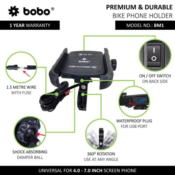BOBO BM1 Jaw - Grip Motorcycle Mobile Mount with fast USB 3.0 charger - 6KIOMMobile Mounts & Chargers