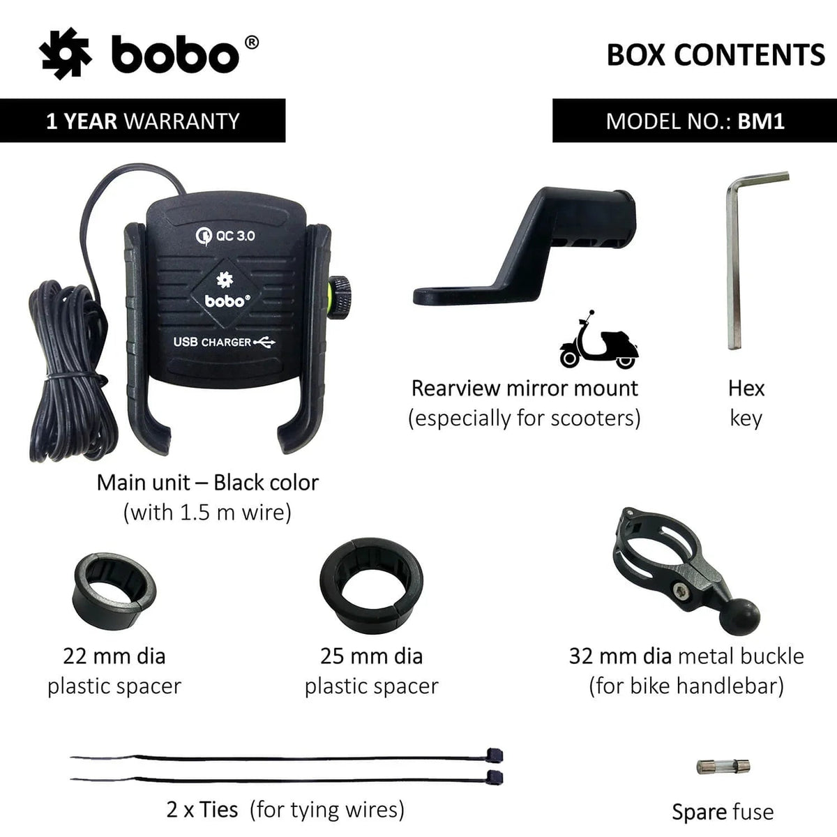 BOBO BM1 Jaw - Grip Motorcycle Mobile Mount with fast USB 3.0 charger - 6KIOMMobile Mounts & Chargers