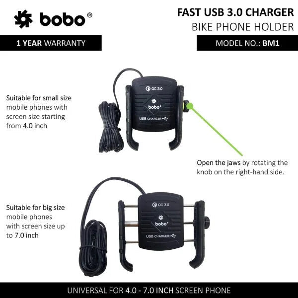 BOBO BM1 Jaw - Grip Motorcycle Mobile Mount with fast USB 3.0 charger - 6KIOMMobile Mounts & Chargers