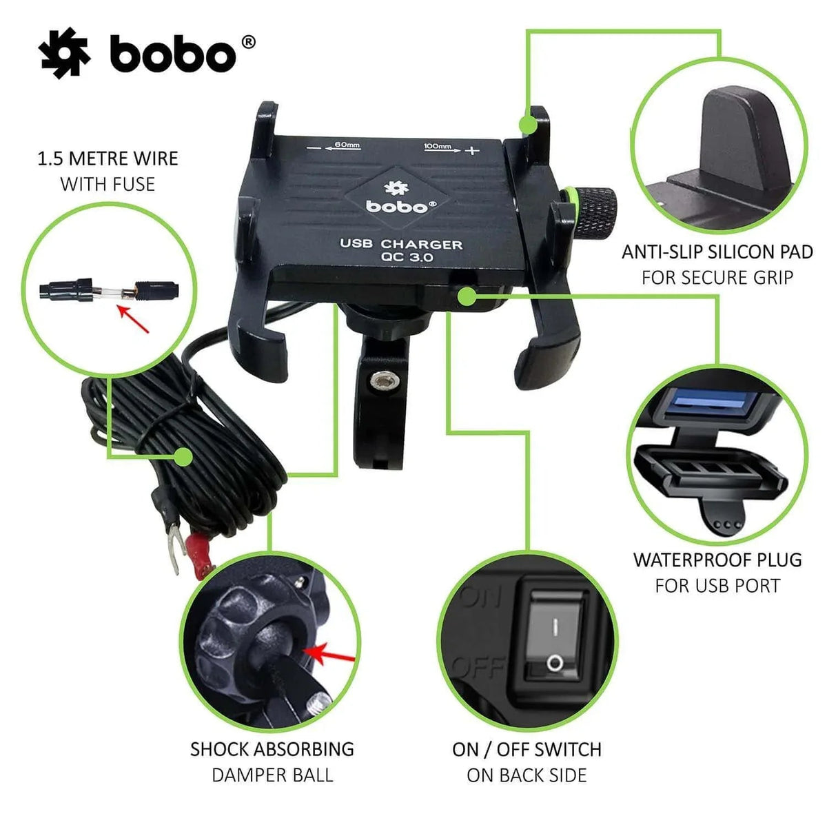Bobo BM5 Claw Grip Aluminium with fast USB 3.0 Charger - 6KIOMMobile Mounts & Chargers