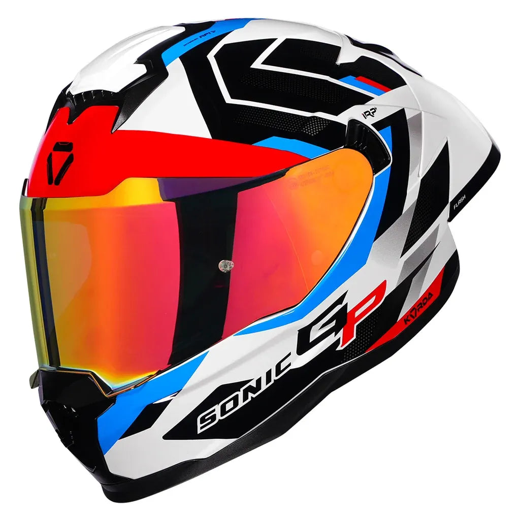 Korda Sonic GP Flash Helmet in Gloss White Red Blue – complimentary smoke visor included