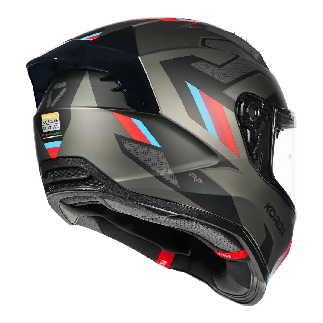 Korda EVO Orcus helmet matt grey red blue showing dual visor system
