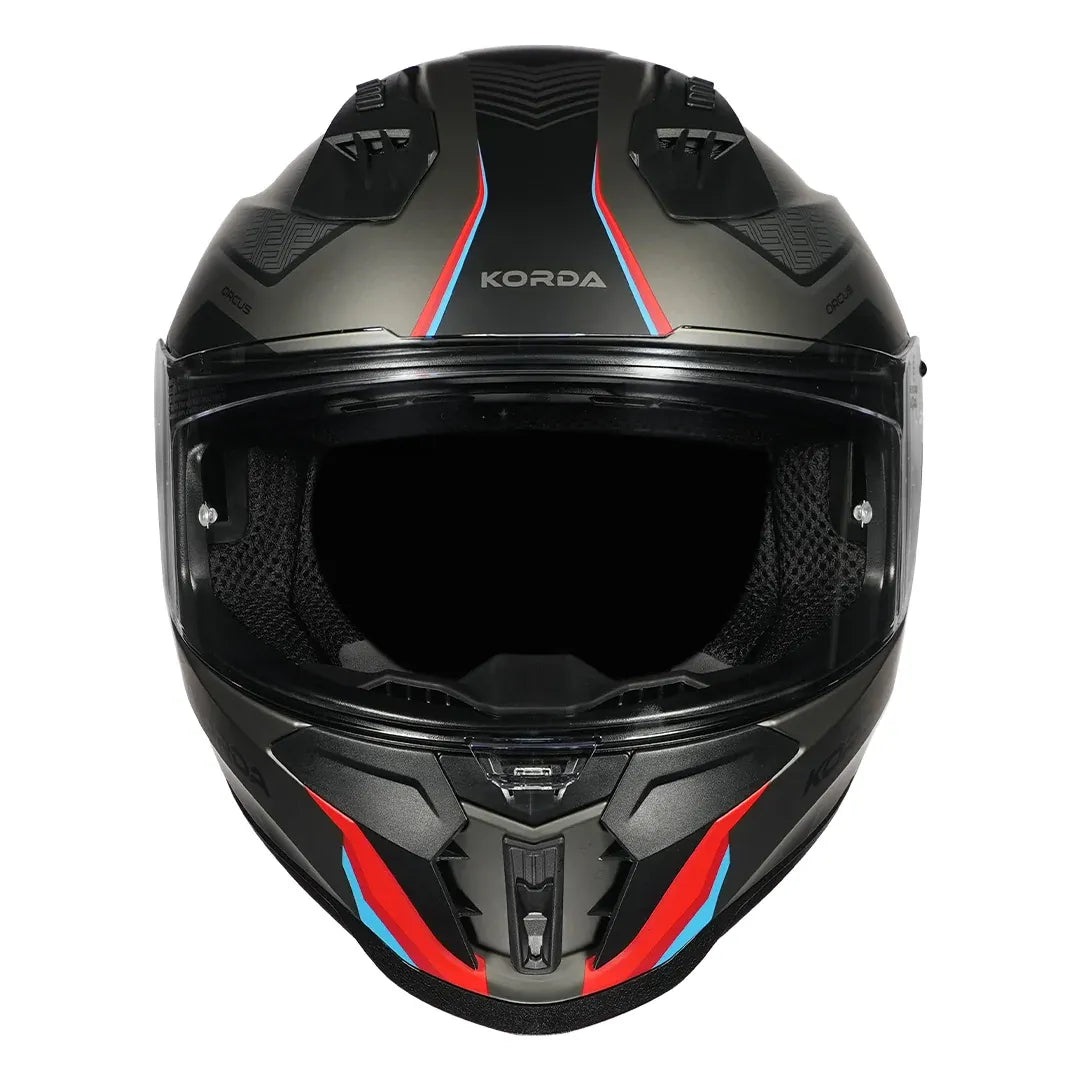 Front view of Korda EVO Orcus helmet in matt grey red blue