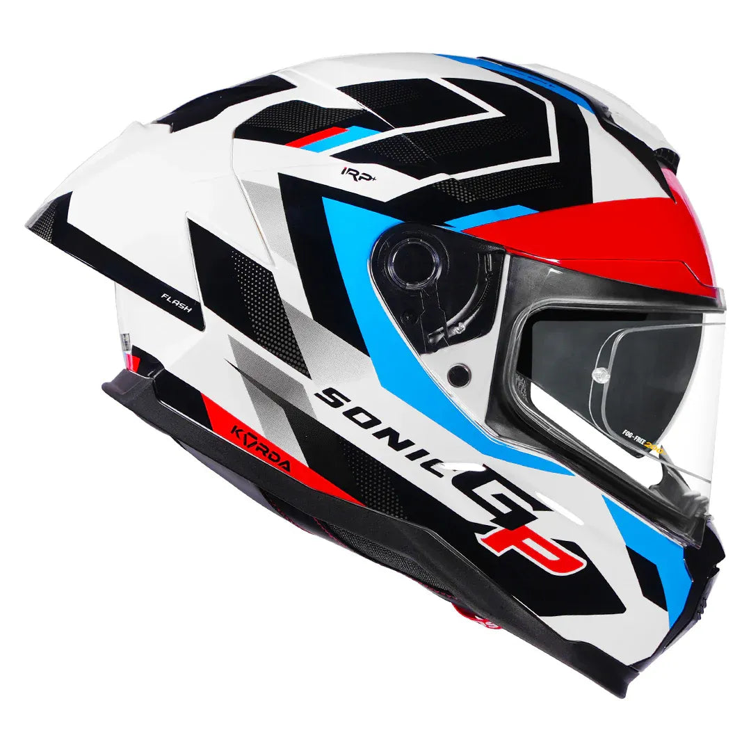 Korda Sonic GP Flash Helmet in Gloss White Red Blue – rear view showing aero spoiler