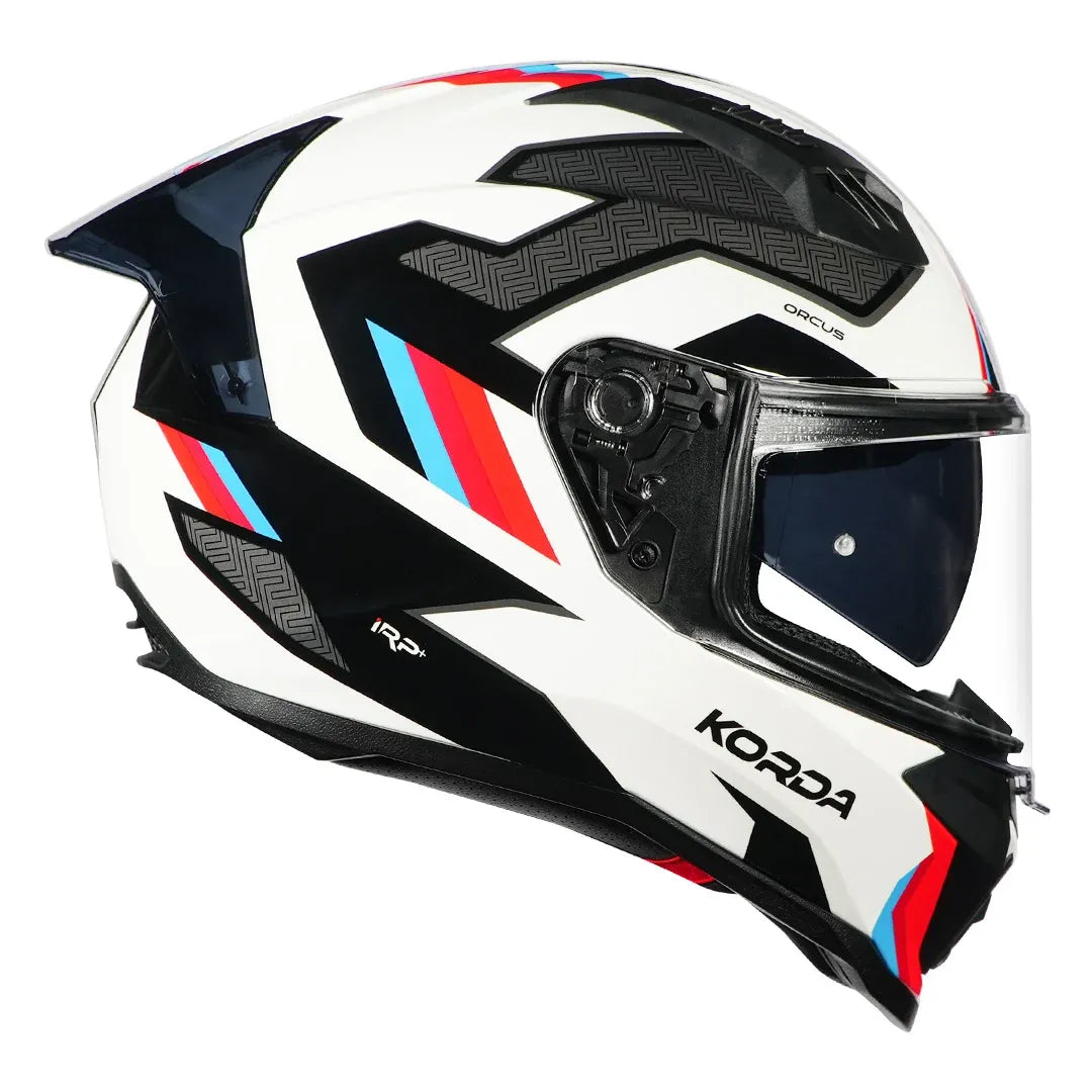 Korda EVO Orcus helmet gloss white blue red showing dual visor system