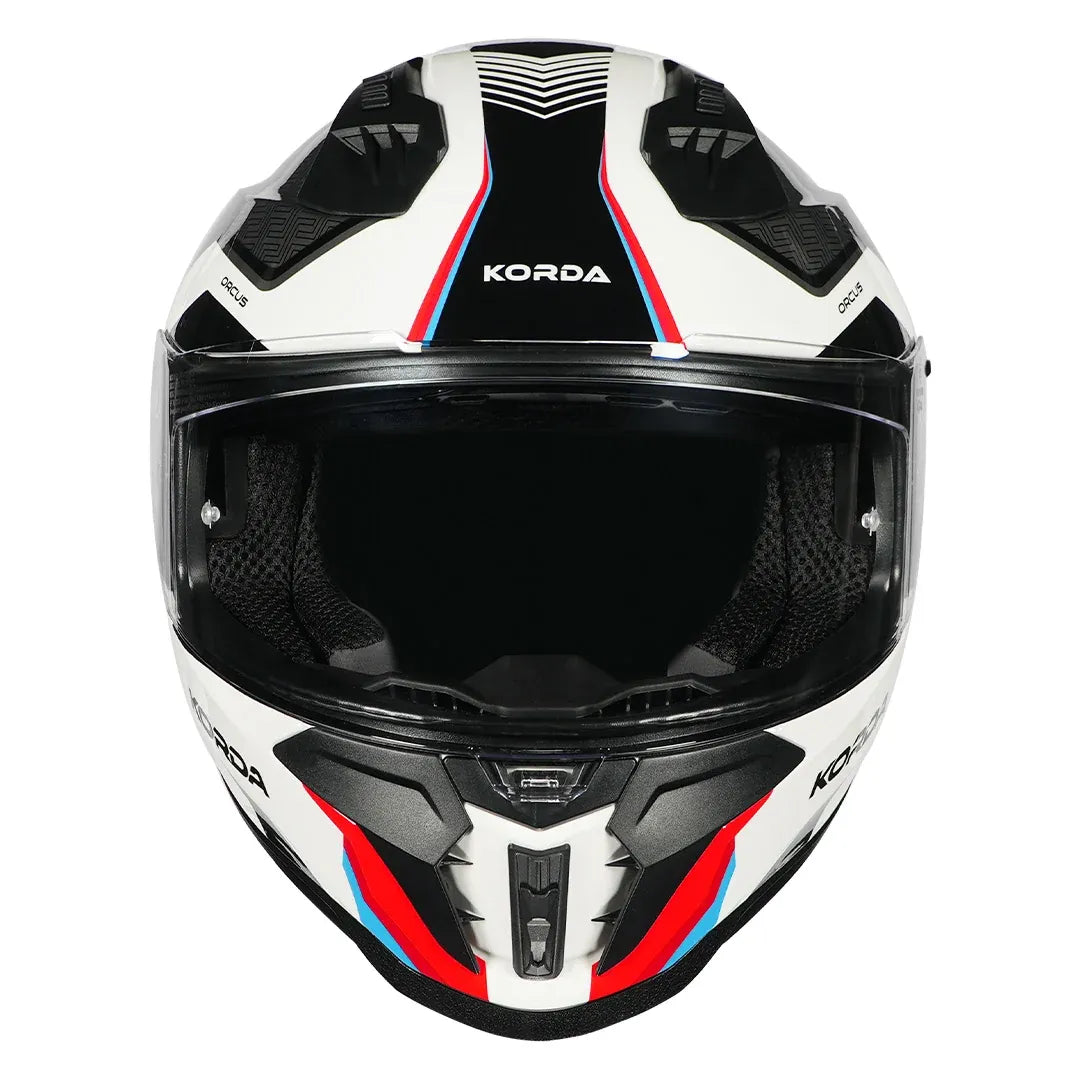 Front view of Korda EVO Orcus helmet in gloss white blue red