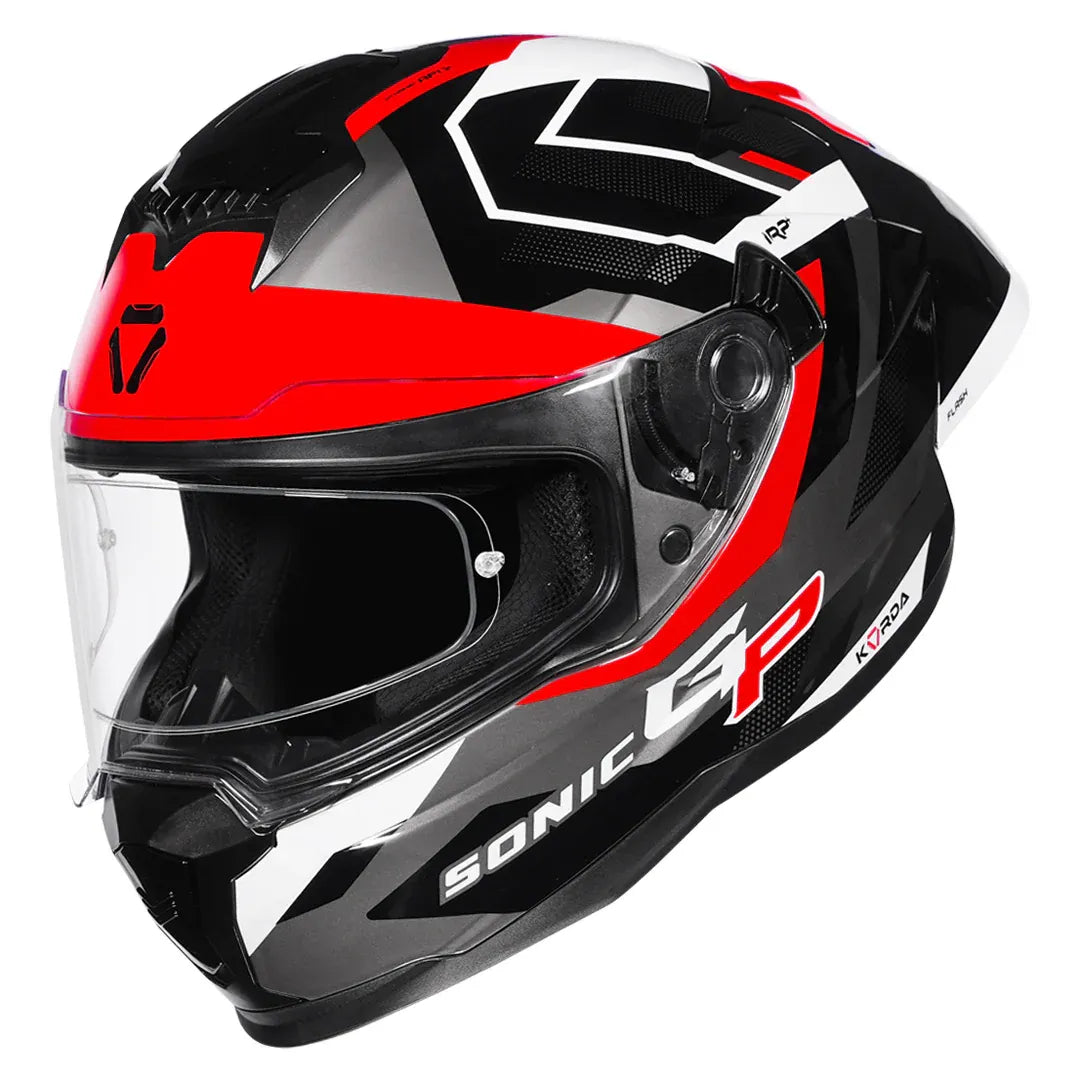 Korda Sonic GP Flash Helmet in Gloss White Red – worn by rider on motorcycle