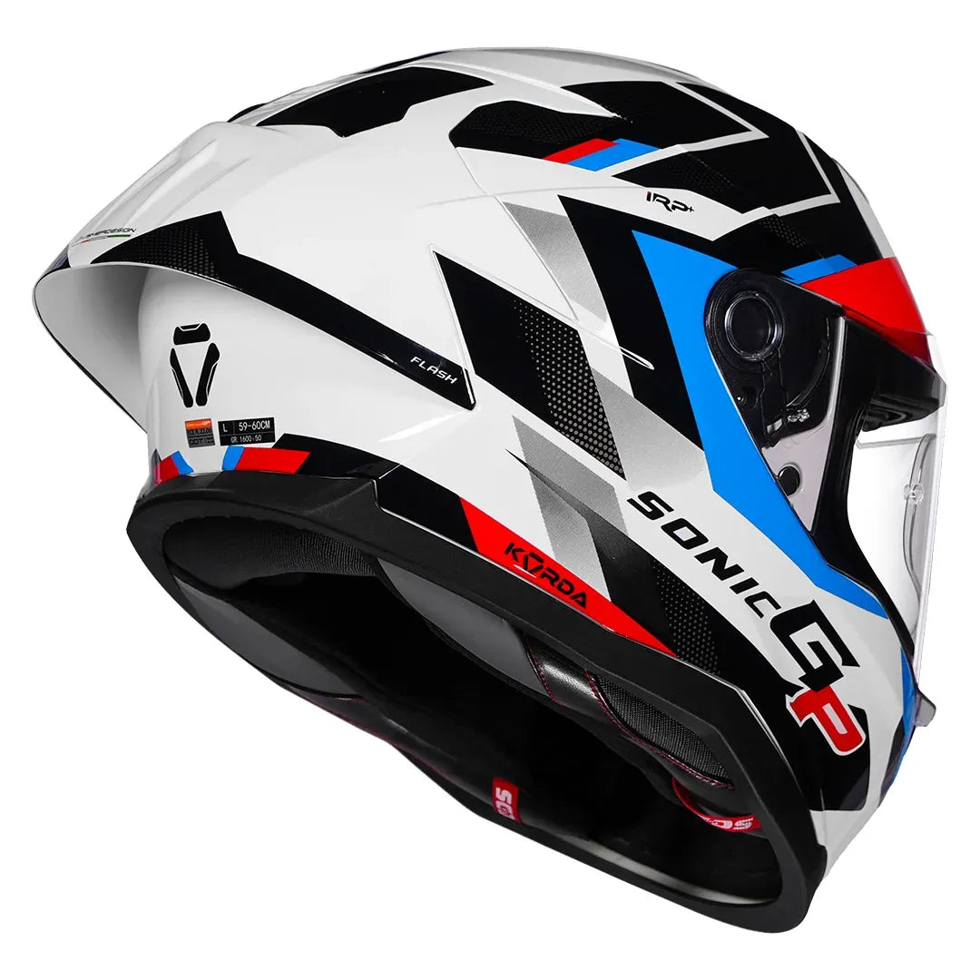 Korda Sonic GP Flash Helmet in Gloss White Red Blue – dual visor system open