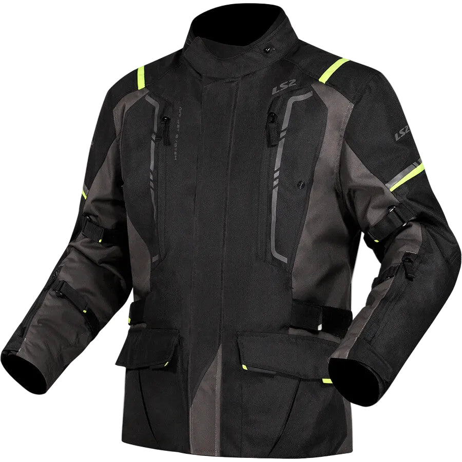 Black and gray motorcycle jacket with yellow accents on a light gray background