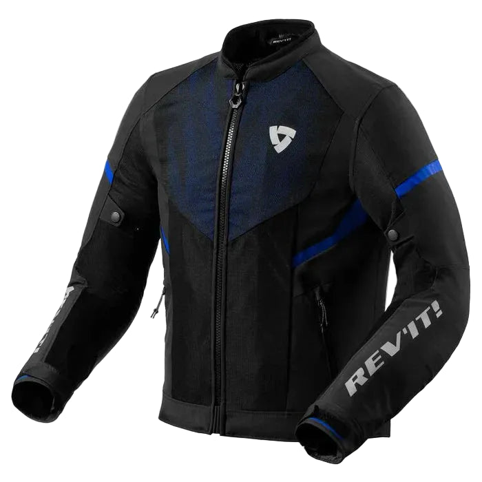 Black motorcycle jacket with blue accents and Revit branding on a white background