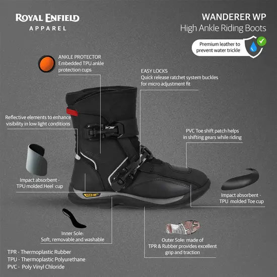 Royal Enfield Wanderer riding boots with reflective rear detailing